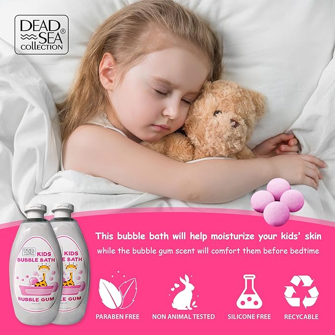 Dead Sea Collection Bubble Bath Kids with Bubble Gum Scent - Cleansing and Moisturizing Liquid Bath Pure Dead Sea Minerals - Pack of 2 Large Bottles (67.6 fl.oz)