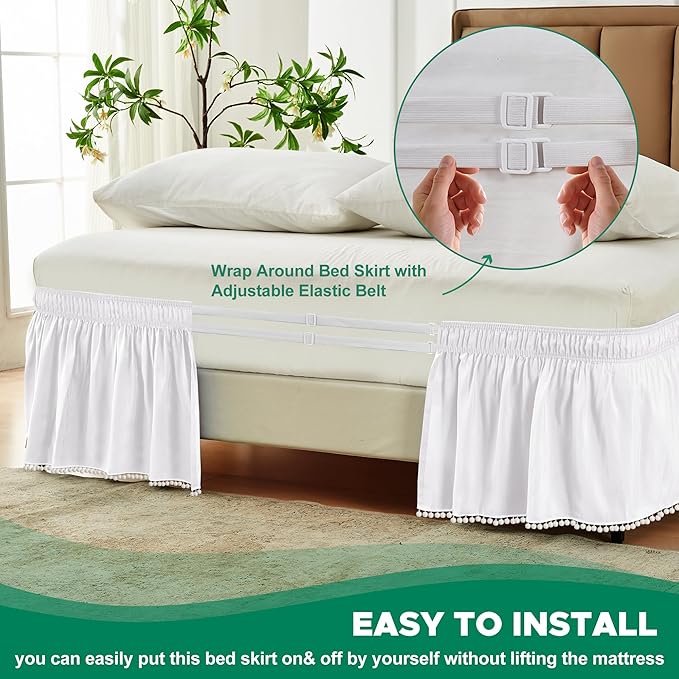Biscaynebay Queen Bed Skirt 15 inch Drop-White Dust Ruffle Bedskirt with Pompoms-Wrap Around Bed Skirting Easy Fit Elastic Strap-Silky Luxurious Fabric Wrinkle Free-for Women Men Kids