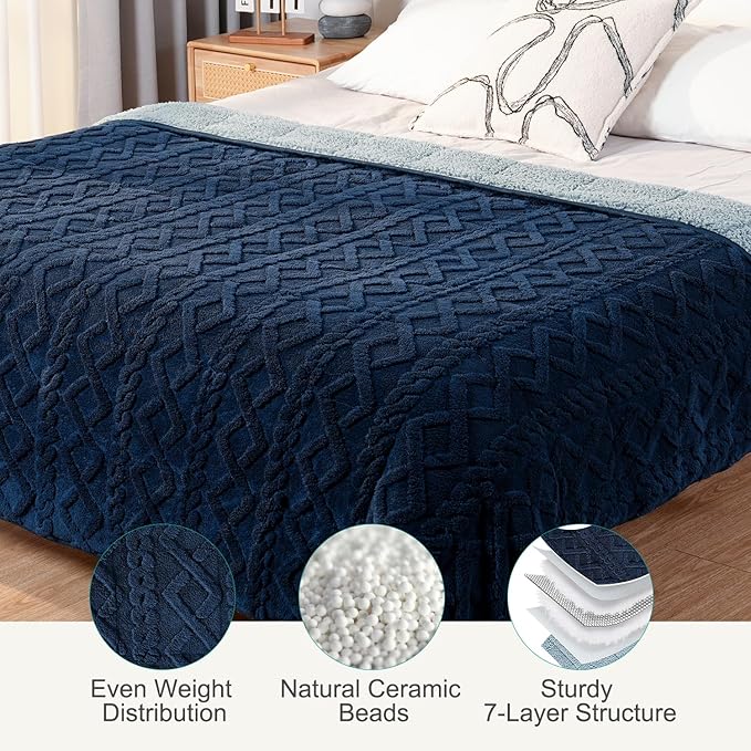 Sherpa Fleece Adult Weighted Blanket Great for Sleep, 15 lbs Dual Sided Soft Fuzzy Heavy Blankets for Couch Bed Sofa, Cozy Warm Fluffy Jacquard Throw for Winter (Navy Blue, 60" x 80", 15 Pounds)