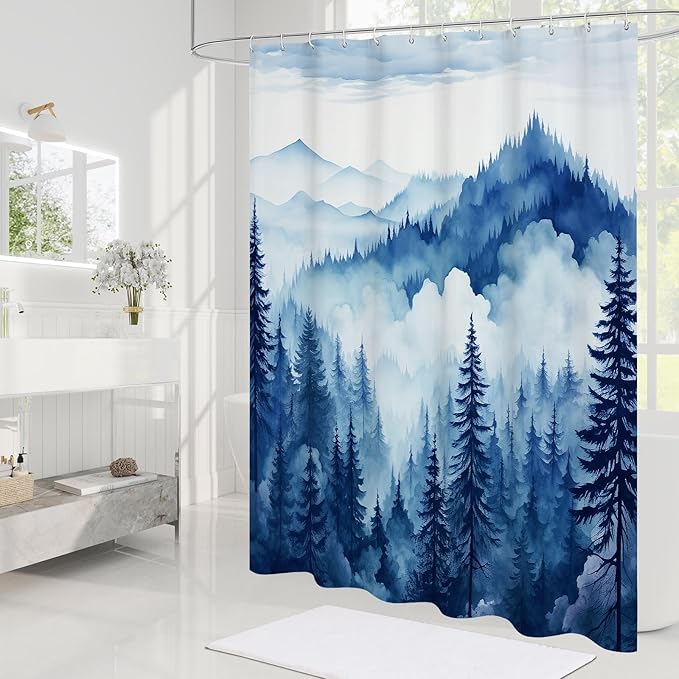 Navy Blue Long Misty Pine Forest Shower Curtain 72 x 78, Mountain Foggy Woodland Scenery Tree 78 Inch Long Shower Curtains for Bathroom, Abstract Waterproof Nature-Themed Decor