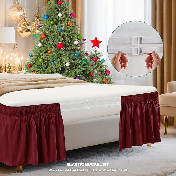 Biscaynebay Wrap Around Bed Skirts for Twin & Twin XL Beds Short Drop of 12", Burgundy Adjustable Elastic Dust Ruffles Easy Fit Wrinkle Resistant Silky Luxurious Fabric Machine Washable