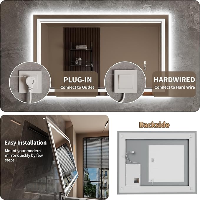 Bathroom Mirror with Lights 24"X40" with Front Light and Backlit, Tempered Glass, Wall Mount Horizontal/Vertical, Stepless Dimmable, 3 Colors, Anti Fog, Bathroom Memory LED Mirror