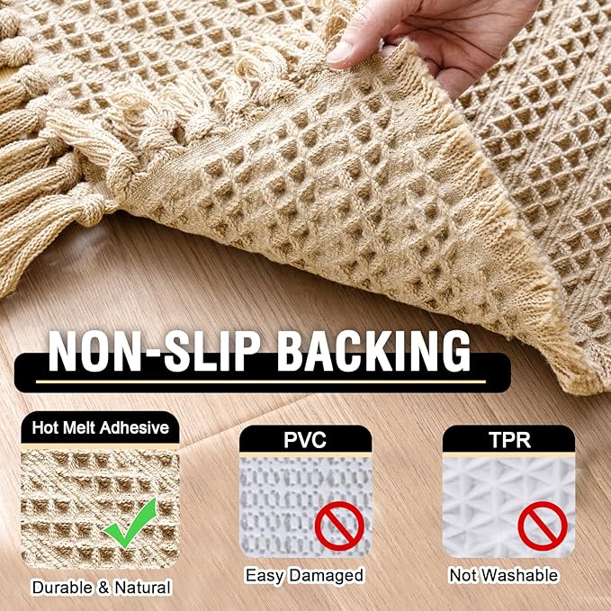 H.VERSAILTEX Waffle Bath Runner Rug Long Bath Mat Super Absorbent Boho Bath Rugs Non Slip Bath Runner for Bathroom Floor Machine Washable Dry Fast Bathroom Rugs with Tassels, 24" x 72", Sand