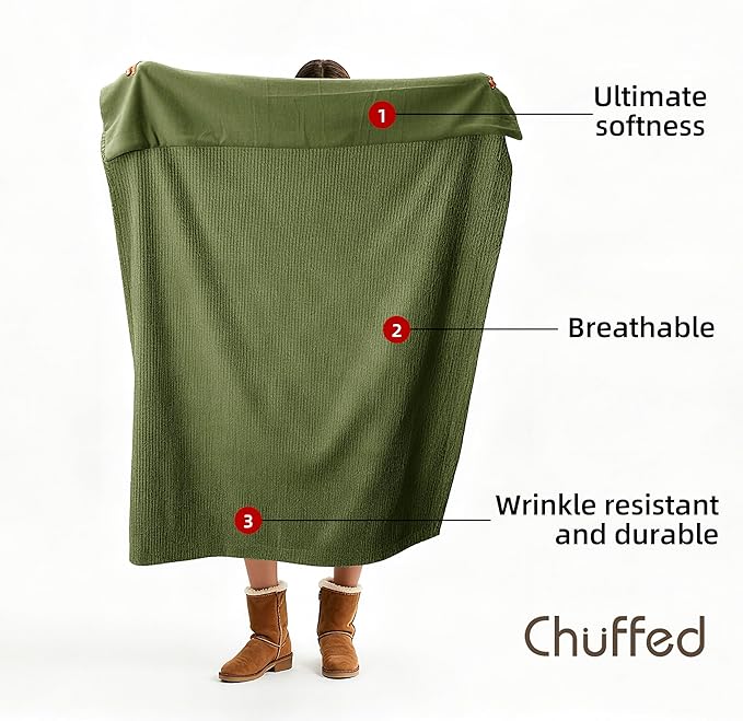 CHUFFED Cotton Waffle Blanket Queen Size - Plush Milk Velvet & Reversible Waffle Weave,Anti-Static 300Gsm Design，Thick Cozy Soft Winter Blanket for Bed, Couch, Sofa - Olive Green, 90x90 Inches
