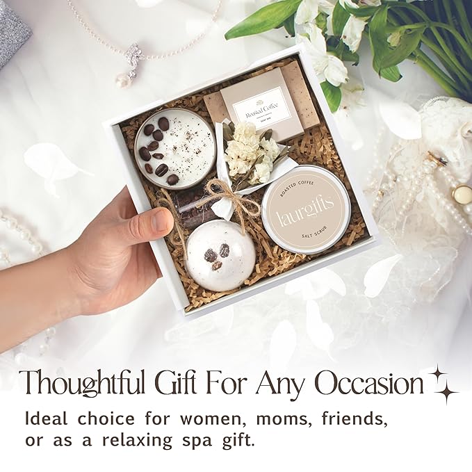 Coffee Spa Box for Women – Small Relaxing Self Care Basket with Coffee Scented Candle, Bath Bomb, Soap & Salt Scrub – Thoughtful Birthday, Thank You, Housewarming or Christmas Gift for Her