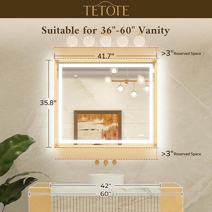 TETOTE 42 x 36 Led Mirror Brushed Nickel Metal Frame Frontlit & Backlit Vanity Mirror Anti-Fog Stepless Dimmable 3 Colors White/Warm/Natural Wall Mirror with Lights Wall-Mounted
