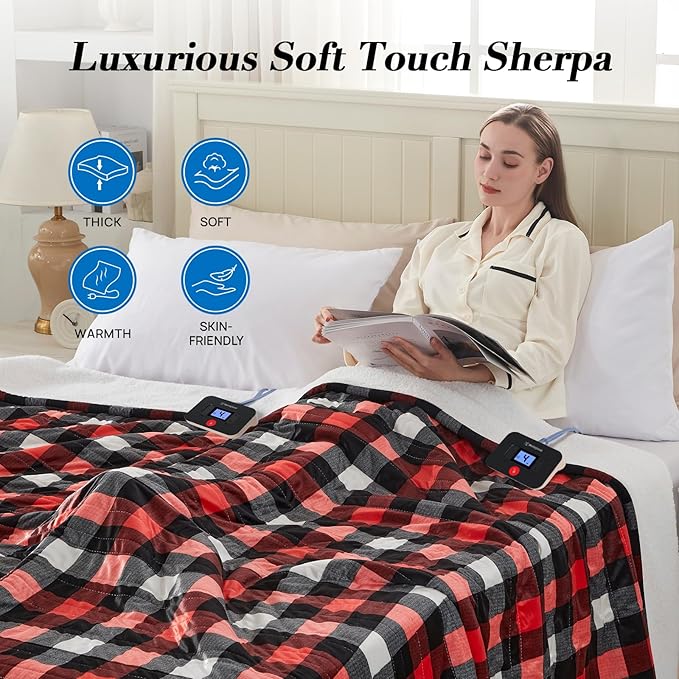 Westinghouse Electric Blanket Queen Size, Soft Flannel to Sherpa Heated Blanket with Dual Control 10 Heating Levels & 1 to 12 Hours Auto-Off, Machine Washable, Fast Heating, 84 * 90 Inch, Red