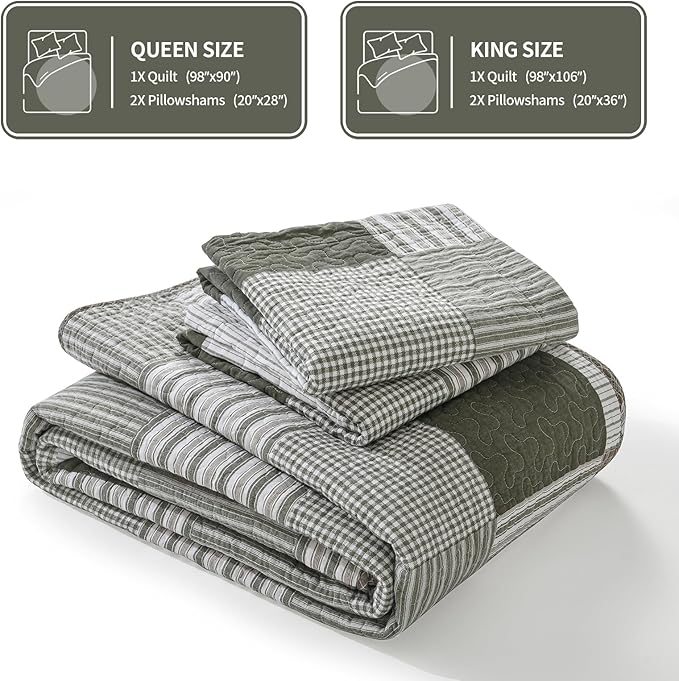 KALOOLA Plaid King Quilt Set, 100% Cotton Green Beige King Bedding Set 3 Pieces, Farmhouse Lightweight Bedspread Coverlet for All Seasons, 1 Quilt 2 Pillowshams