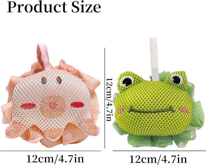 Shower Loofah Sponges for Kids,Cute Frog and Octopus Shape Toddler Bath Exfoliating Body Scrubber Mesh Loofahs Sponge[2 Pack],Designed for Baby Women Boys and Girl
