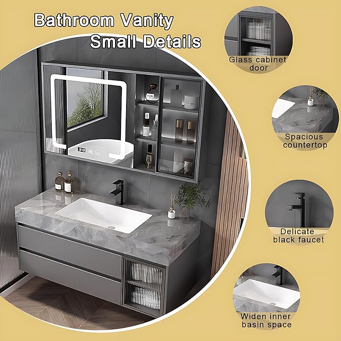 Modern Bathroom Vanity - Wall-Mounted Bathroom Storage & Bathroom Vanities with Sink, Wall Mounted, Defogging & Led Lighting | Bathroom Cabinets Slim