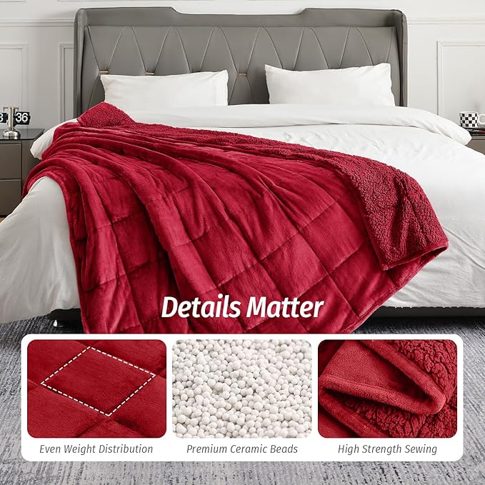 Wemore Sherpa Fleece Weighted Blanket for Adult, 15 lbs Dual Sided Cozy Fluffy Heavy Blanket, Ultra Fuzzy Throw Blanket with Soft Plush Flannel Top, 60 x 80 inches for Queen Burgundy on Both Sides