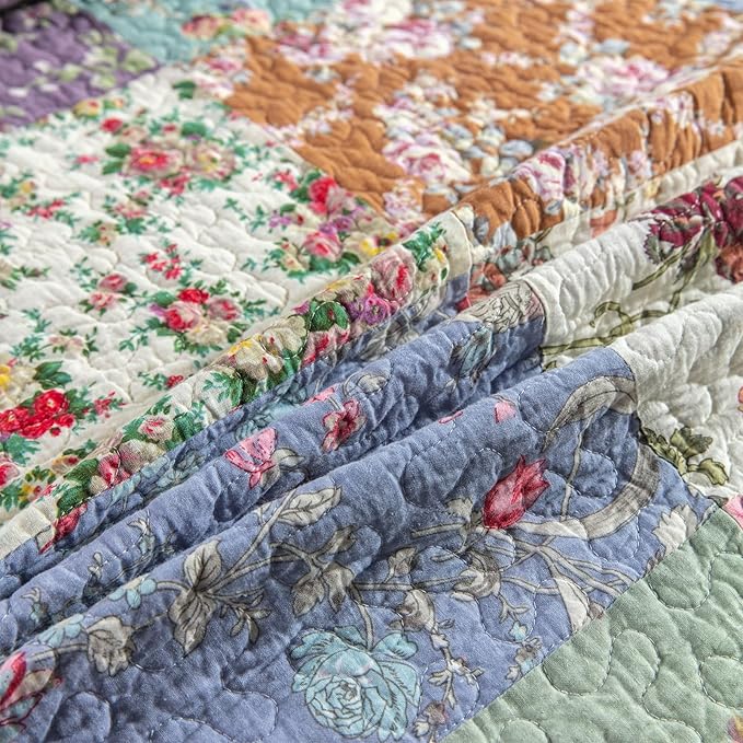 YAYIDAY Quilts Queen Size Patchwork Bedspread Set - 100% Cotton Reversible Breathable Floral Quilted Quilt with Pillow Shams Fit All Season