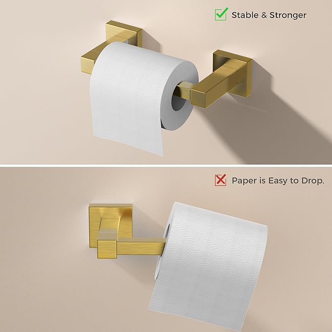 FORIOUS Toilet Paper Holder Wall Mount and Hand Towel Ring Set, SUS 304 Stainless Steel Double Post Pivoting Tissue Roll Holder, Modern Bathroom Hardware Accessories Set, Brushed Gold