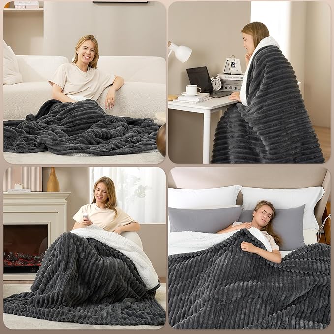 Hansleep Heated Blanket King Size Electric Throw Dual Control, Heating Blanket with 9 Heating Levels and 10-Hour Timer Auto Shut Off, Washable Soft Warm Winter Blanket, 90 x 100 Inches, Dark Grey
