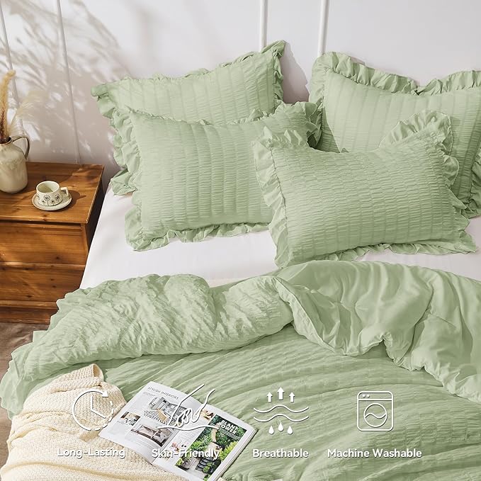 JOLLYVOGUE Sage Green King Comforter Set, 3 Pieces Seersucker Comforters King Size, Lightweight & Fluffy Bedding Sets King for All Season with 1 Ruffle Comforter and 2 Ruffle Pillowshams