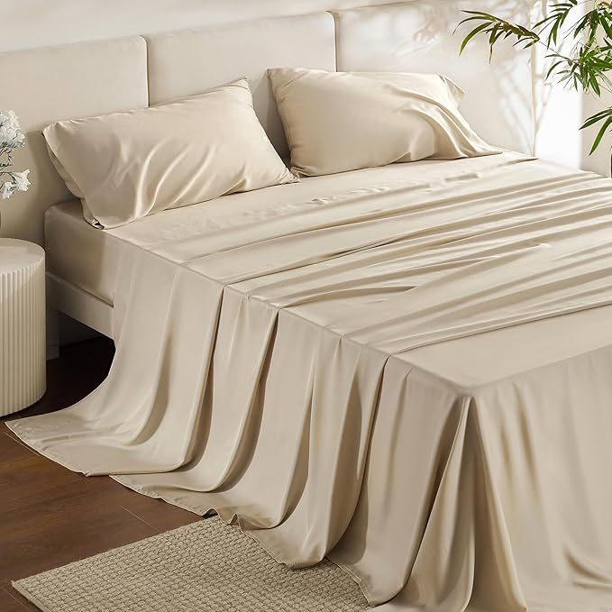 Bedsure California King Sheet Sets, Cooling Sheets for Hot Sleepers, Rayon Derived from Bamboo, Deep Pocket Up to 16 Inches, Breathable & Soft, Hotel Luxury Silky Bedding, Beige