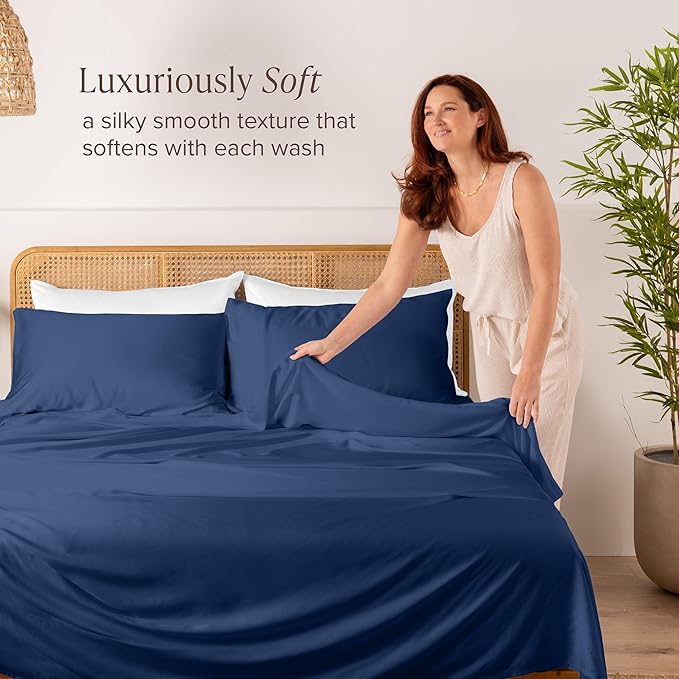 Bare Home 100% Rayon Made from Bamboo Luxury Twin Sheet Set - 3 Piece Bedding Set - Deep Pockets - Cooling Sheets - Breathable - Easy Fit - Soft Bedding Sheets & Pillowcases (Twin, Dark Blue)