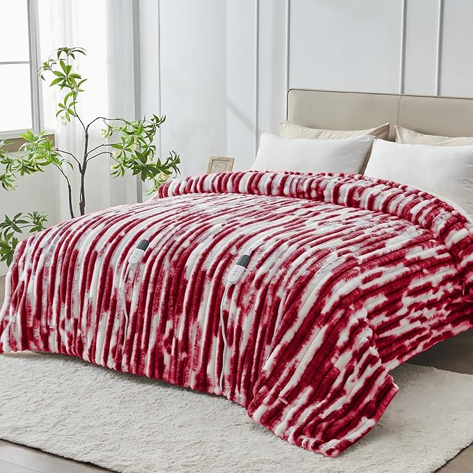 Heated Blanket Queen - 84"x90" Dual Control Bed Electric Blankets with 6 Heating Levels & 10 Hours Auto Off, Soft Ribbed Faux Fur Sherpa, Over-Heated Protection ETL, Red
