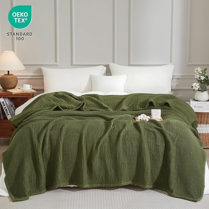 PHF 100% Cotton Waffle & Muslin Blanket King Size, Soft Breathable Luxury 400GSM Versatile Reversible Bedding for Bed, Great for Layering in Cold Weather, Home Decor Gift, 104" x 90", Olive Green