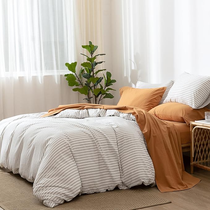 MooMee Bedding Sheet Set 100% Washed Cotton Linen Like Textured Breathable Durable Soft Comfy (Solid Burnt Orange, California King)