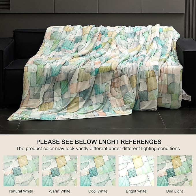 Cyusri Print Cooling Comforter Set 3Pcs Breathable Cool King Size Bedding Set with 2 Pillowcases Green Geometric Pattern Silky Cold Quilt, 108"x90"