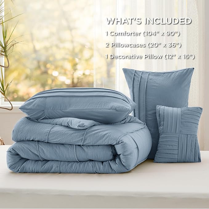 Bedsure King Comforter Set - 4 Pieces Pinch Pleat Bed Set, Light Blue Boho Bedding for All Season, 1 Soft Comforter, 2 Pillowcases, 1 Decorative Pillow