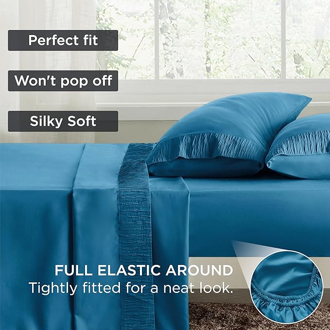 Bedsure Queen Sheet Set - 4 Pieces Soft Queen Size Sheets - Breathable & Cooling - Hotel Luxury - Easy Care Polyester Microfiber Bedding for Women, Men, Teal Blue