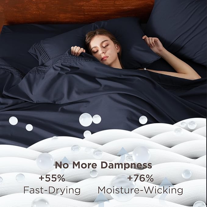 Bedsure Twin XL Sheets Dorm Bedding, GentleSoft Breathable Extra Long Twin Sheets & Pillowcases, Moisture Wicking Cooling, Deep Pocket Fits Mattress Up to 21 Inches Thick, Navy