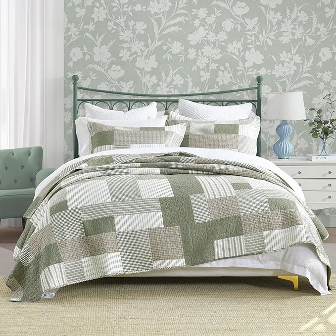 Uniclinens Plaid Quilt Set King Size, Patchwork Light Green Quilt Bedding Set, 100% Cotton Bedspreads, Farmhouse Rustic Lightweight Comforter, 3 Pieces Set with 2 Pillowshams, Green/Brown/Beige