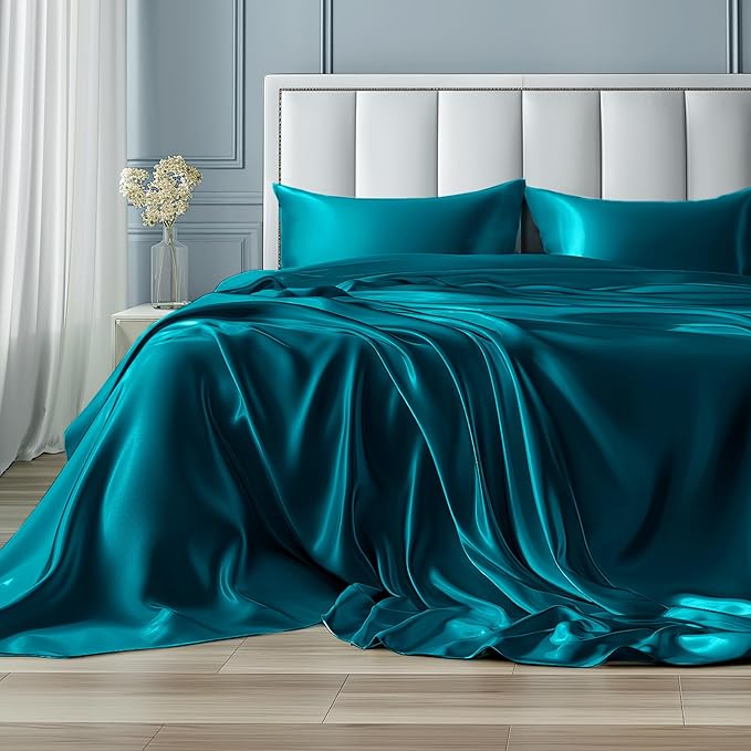Bedsure Satin Sheets Full Size - 4 Piece Silky Bedsheets with 15 Inches Deep Pocket Fitted Bedsheet,1 Flat Sheet, 2 Satin Pillowcases, Good for Hair & Skin (Full, Teal)