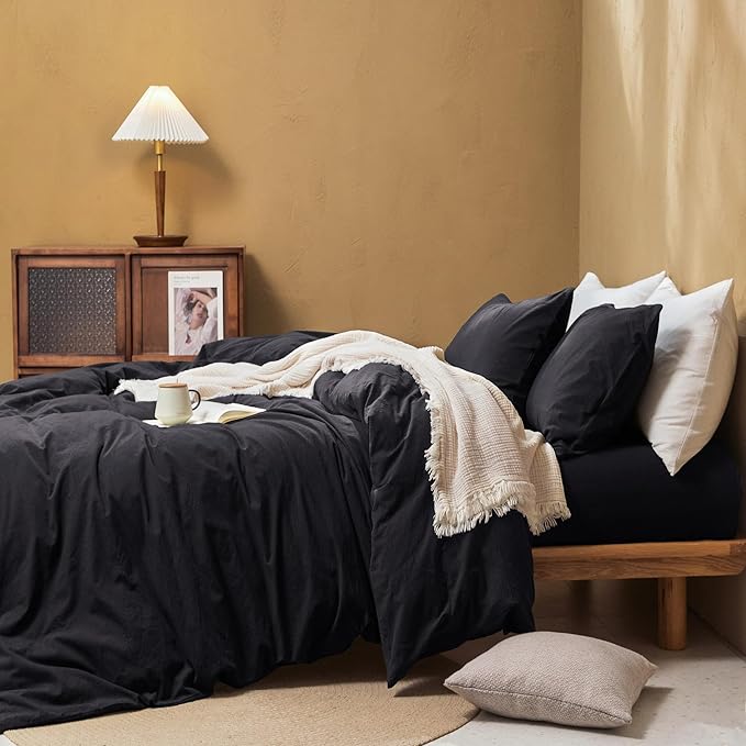 FOSSA Duvet Cover Set 100% Washed Cotton Linen Feel Super Soft Breathable Cozy 3 Pieces Bedding Sets Solid Black Super King