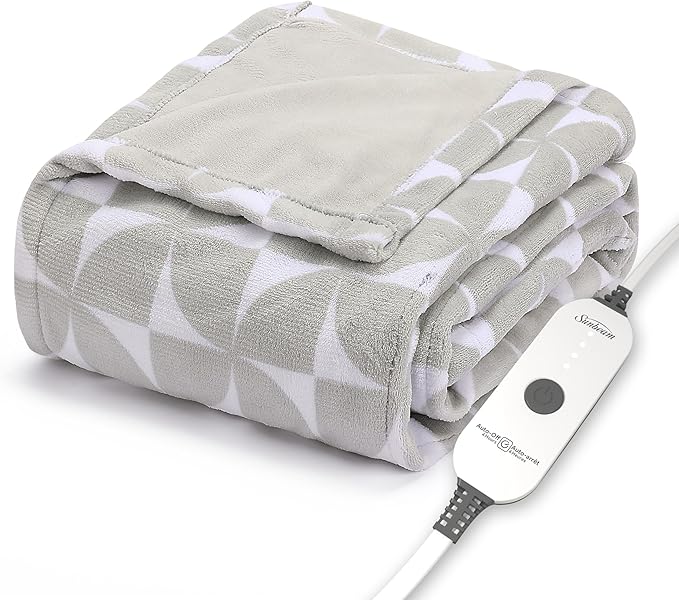 Sunbeam Royal Luxe Microplush Heated Throw Electric Blanket, 50" x 60", 4-Hour Auto Shut-Off,Fast Heating, Machine Washable, Warm and Cozy, Grey Geometric