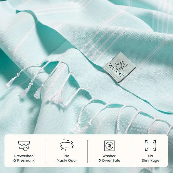 WETCAT Turkish Beach Towel Oversized (38"x71") 100% Turkish Cotton, Made in Turkey - Sand Free, Extra Large, Ultra Soft, Quick Drying, Compact & Lightweight for Travel - Aqua
