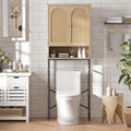 Rattan Toilet Storage Cabinet, Over The Rack Wood Cabinet with Metal Stand, Bathroom Organizer with Adjustable Shelf, Tall Freestanding Washer Shelf, Small Cupboard, Natural