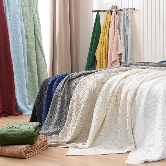 PHF 100% Cotton Waffle Weave Blanket Queen Size for Bed, Soft Lightweight & Breathable, All-Season Comfort, Luxury Aesthetic Woven Bedding for Home Decor, 90"x90", Light Grey