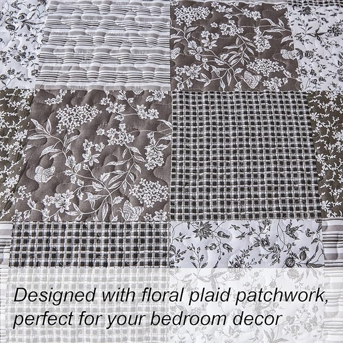 Mybedsoul Grey Boho Quilt Set King Size,3 Pieces Plaid Floral Bedspread Coverlet Set for All Season,Patchwork Reversible Bedding Set King 90"x104"