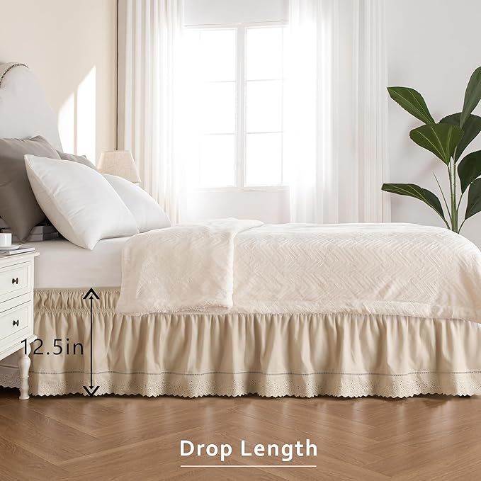 MIYE Wrap Around Ruffled Lace Bed Skirt, Elastic Dust Ruffle with Adjustable Belts, Easy to Put On, Bed Frame Cover, Machine Washable (Embroidered/Beige, Full/Twin-12.5" Drop)