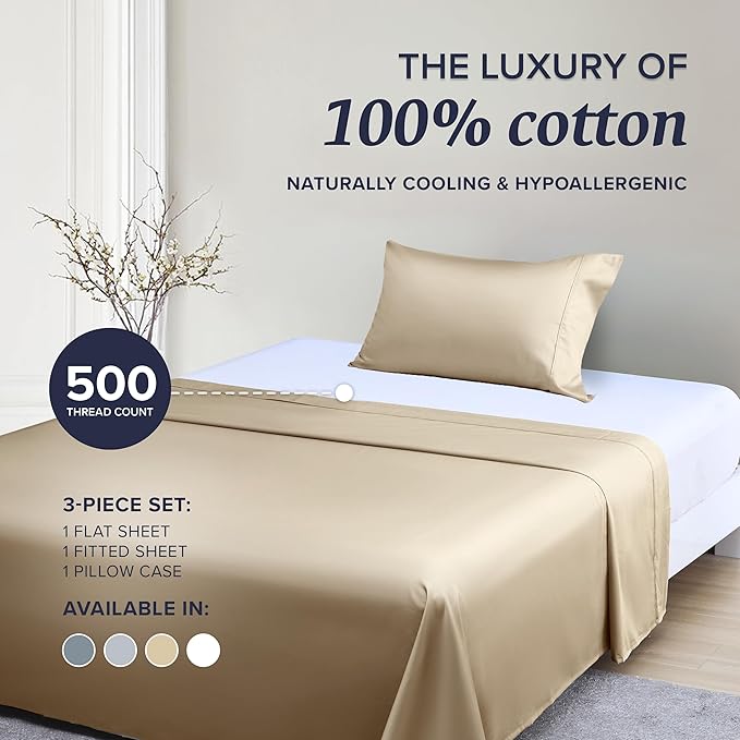 Beckham Hotel Collection Twin Sheet Set 100% Cotton, 500TC Luxury Sateen Bedding, 16” Deep Pocket, Moisture-Wicking, 3-Piece, Sand