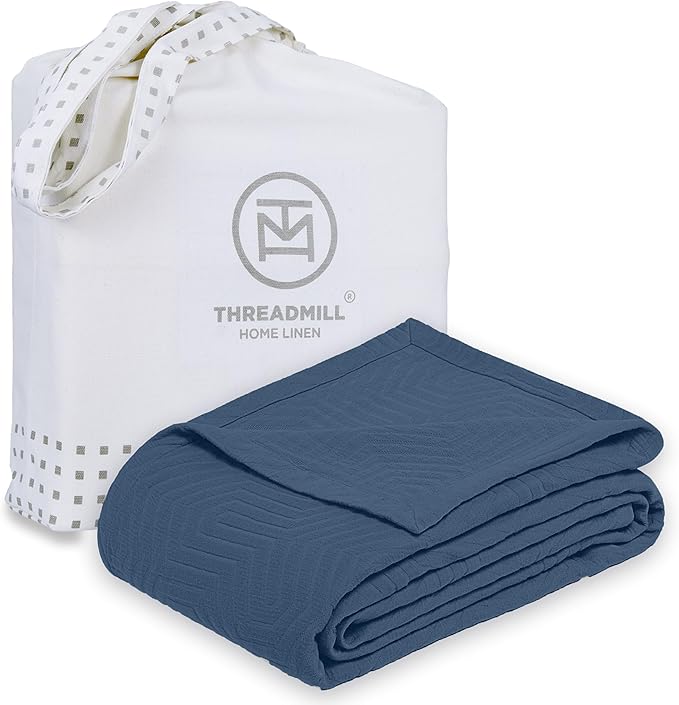 Threadmill Luxury Cotton Blankets for Queen Size Bed | All-Season 100% Cotton Queen Size Blanket | Aster Cozy Lightweight, Soft Breathable Coverlet fits Full Size Bed, 90x92 | Folkstone Blue
