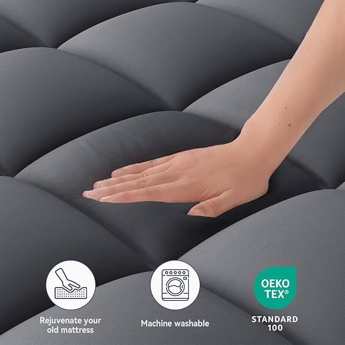 ELEMUSE Queen Grey Mattress Topper for Back Pain, Extra Thick Mattress Pad Cover, Plush Soft Pillowtop with Elastic Deep Pocket, Overfilled Down Alternative Filling