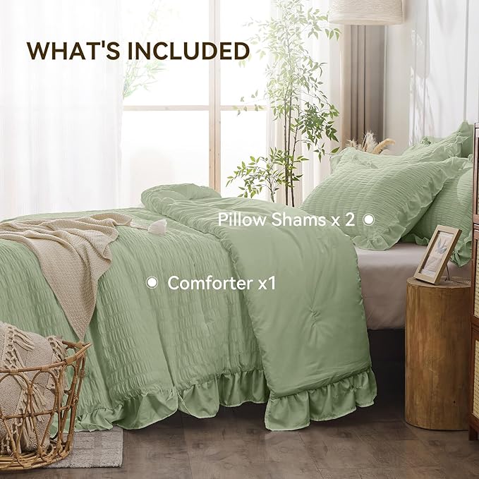 JOLLYVOGUE Sage Green Queen Comforter Set, 3 Pieces Seersucker Comforters Queen Size, Lightweight & Fluffy Bedding Sets Queen for All Season with 1 Ruffle Comforter and 2 Ruffle Pillowshams