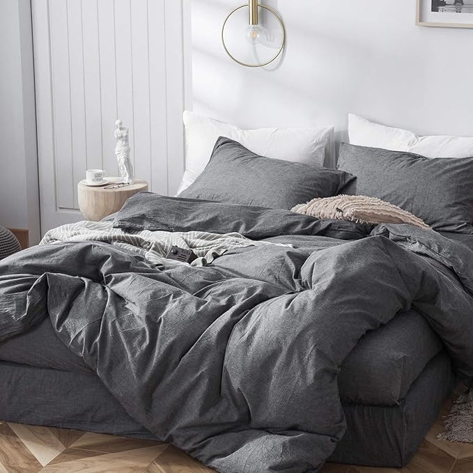 MooMee Bedding Duvet Cover Set 100% Washed Cotton Linen Like Textured Breathable Durable Soft Comfy (Heathered Dark Grey, Super King Plus 120"x120")