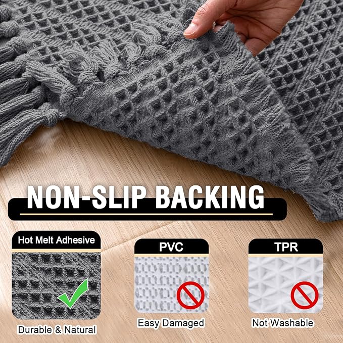 H.VERSAILTEX Waffle Bath Mat Super Absorbent Boho Bath Mat Non Slip Bath Rugs for Bathroom Floor Machine Washable Dry Fast Bathroom Rugs with Tassels, 17" x 24", Gray
