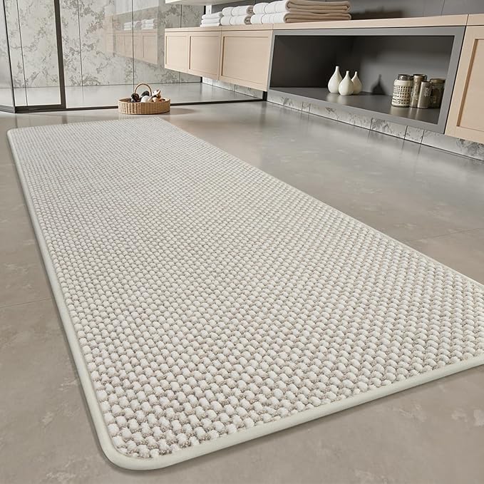 PADOOR-Bath Mat Runner-Super Absorbent Chenille Bathroom Mats-Rubber Backed Bath Mats for Bathroom Non Slip, Easy Clean Bathroom Runner Rugs Front of Bathtub,Shower Room,Sink-17×59, Beige&Cream