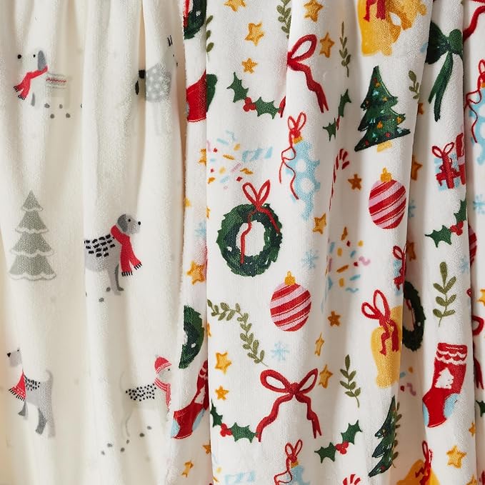 Fleece/Sherpa Christmas Throw - Super Soft Holiday Printed Blanket for Couch, Chair, or Bed - Cozy, Luxurious Plush - 50" x 60", Pups in The Snow