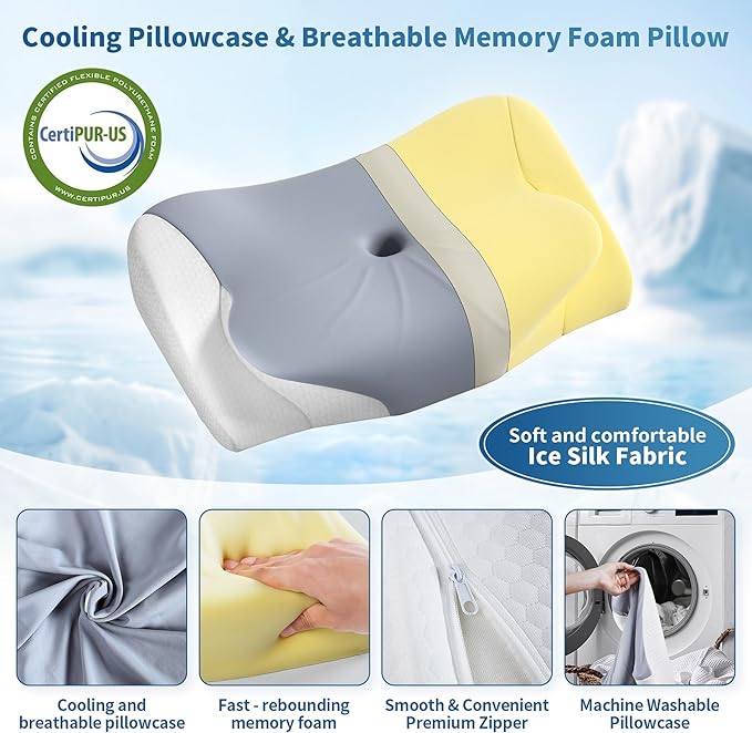 Cervical Neck Pillow - Ergonomic Contour Cooling Memory Foam Pillows for Neck and Shoulder Pain Relief, Orthopedic Bed Pillow for Side Back Stomach Sleeper with Washable Pillowcase