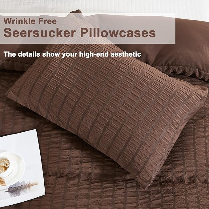 AveLom Brown Duvet Cover King(104 x 90 inches), 3 Pieces (1 Duvet Cover, 2 Pillow Cases), Seersucker Striped Soft Washed Microfiber Textured Duvet Cover Set with Zipper Closure, Corner Ties