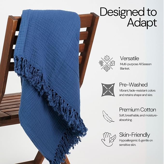 Salt Earth 100% Cotton Muslin Throw Blanket, Gauze Blanket 50"X60" Throw with Tassel 4 Layered for Couch, Bed, Living Room, Home,Lightweight & All Season Blankets & Throws, Skin Friendly(Navy Blue)