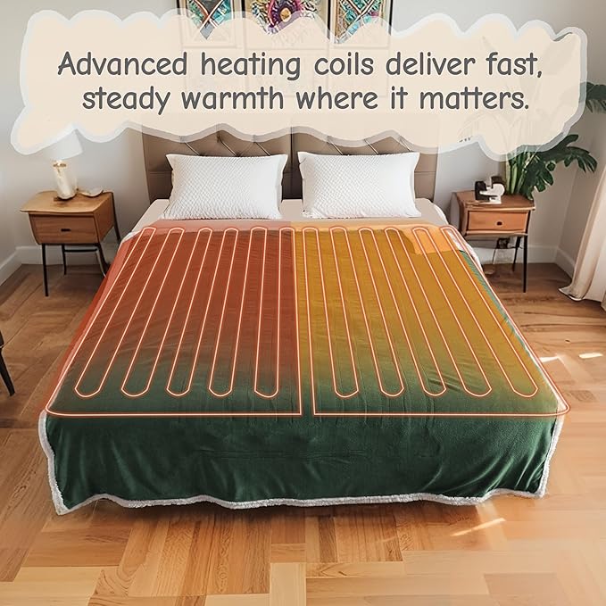 Electric Heated Blanket Queen Size 84"x90", Soft Flannel with Dual Controllers & Overheat Protection, 6 Adjustable Heat Settings & 10-Hour Auto-Off Timer, Fast Heating for Winter Comfort, Dark Green