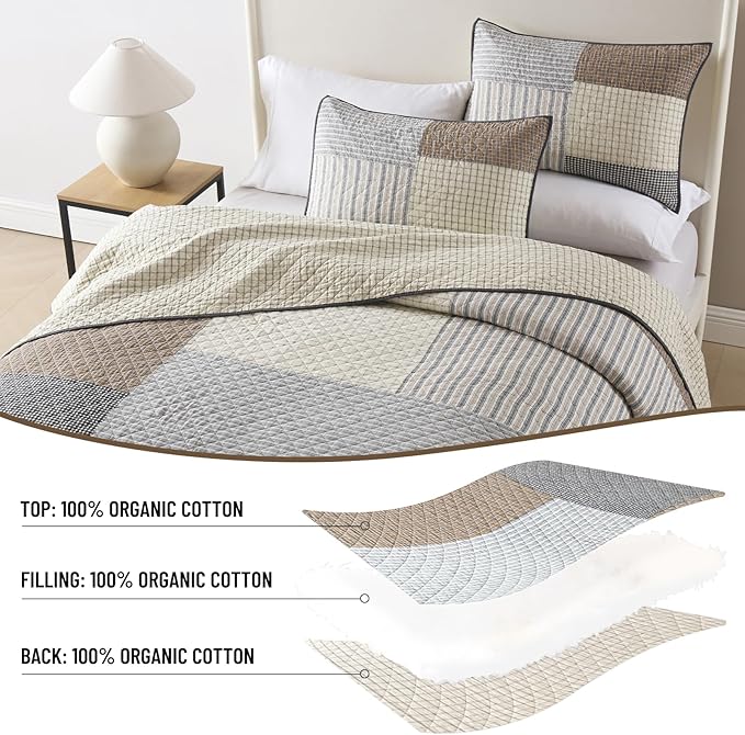 Real-Patchwork Plaid King Quilt - 100% Cotton Farmhouse Beige Brown Gray King Size Quilts Bedspread, Lightweight Reversible Quilted Coverlet Bedding Set for All Season, 3-Piece(98"x106")
